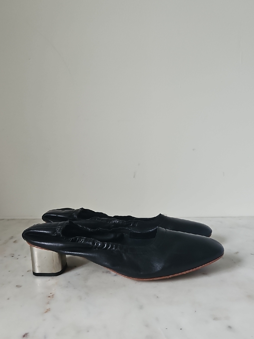 ROBERT CLERGERIE: Soft Stretch Black Nappa Leather Silver Sculptural Block Heels - Picture 3 of 8